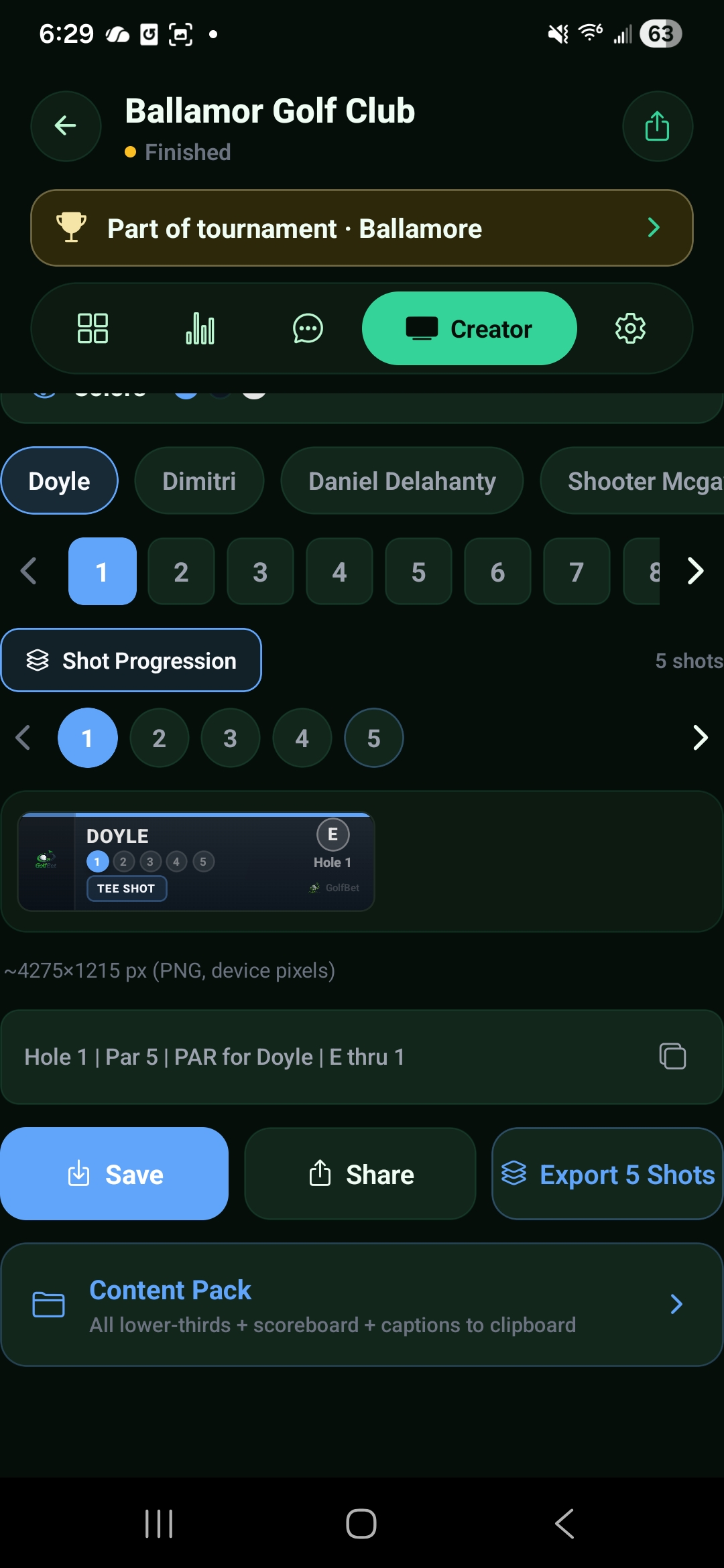 GolfBet Creator tab with lower-third preview, export buttons, and Content Pack