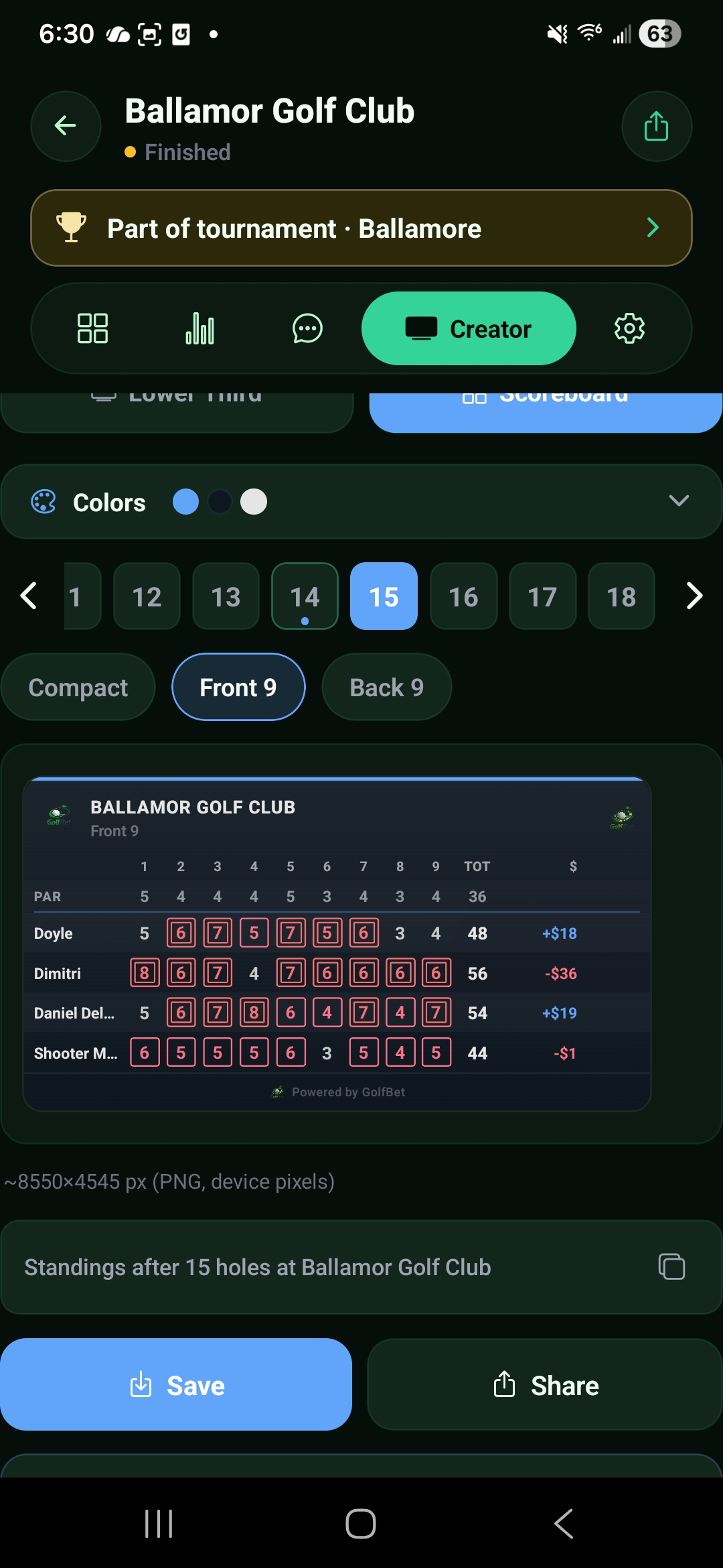 Creator — Front 9 scoreboard with full grid, totals, and winnings column