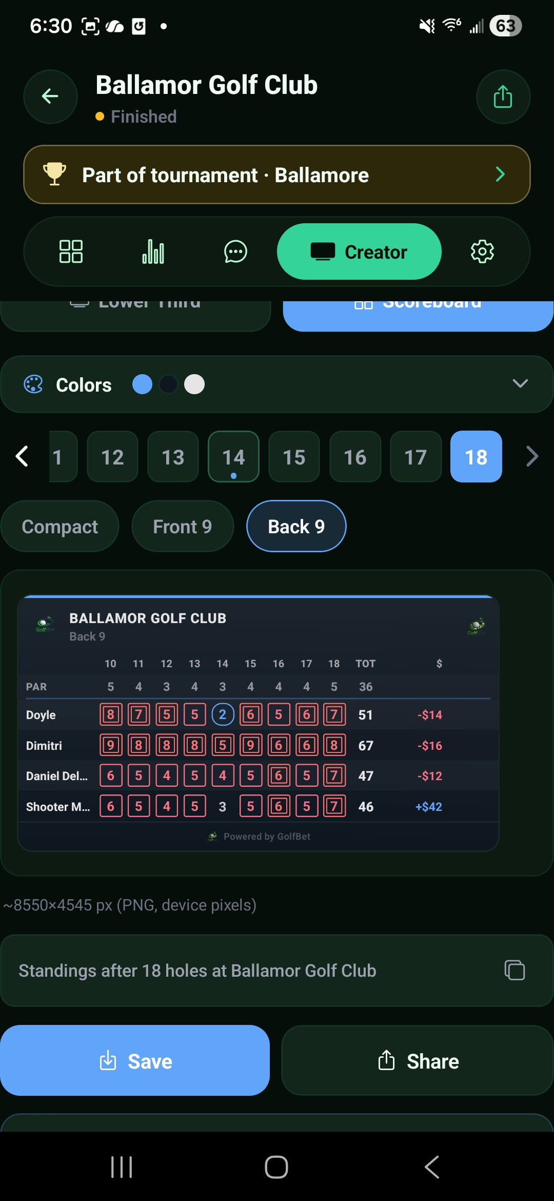 Creator — Back 9 scoreboard with custom logos in corners