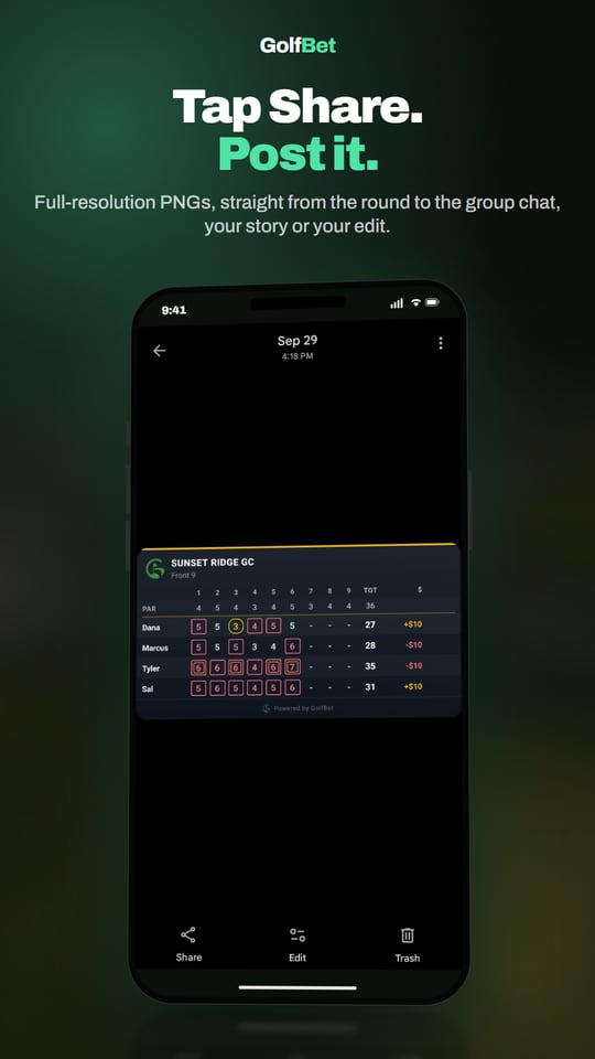Tap Share. Post it. — Full-resolution PNGs, straight from the round to the group chat, your story or your edit.